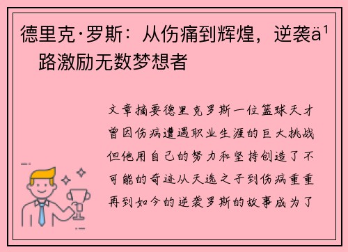 德里克·罗斯：从伤痛到辉煌，逆袭之路激励无数梦想者