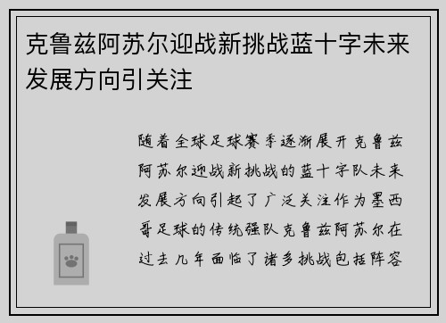 克鲁兹阿苏尔迎战新挑战蓝十字未来发展方向引关注